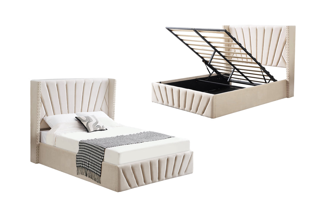P&F FabSeries Allure Beige Velvet Gas Lift Bed - King