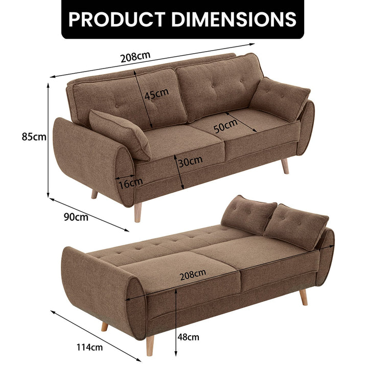 P&F ZennHome Sarantino 3 Seater Modular Sofa Bed Couch Futon - Brown