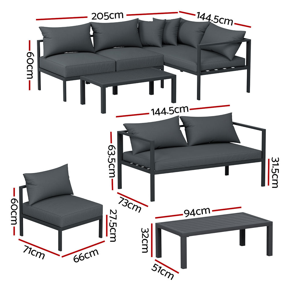 P&F ZennHome 4 Seater Outdoor Sofa Set Aluminium Patio Furniture Setting 4PC Charcoal