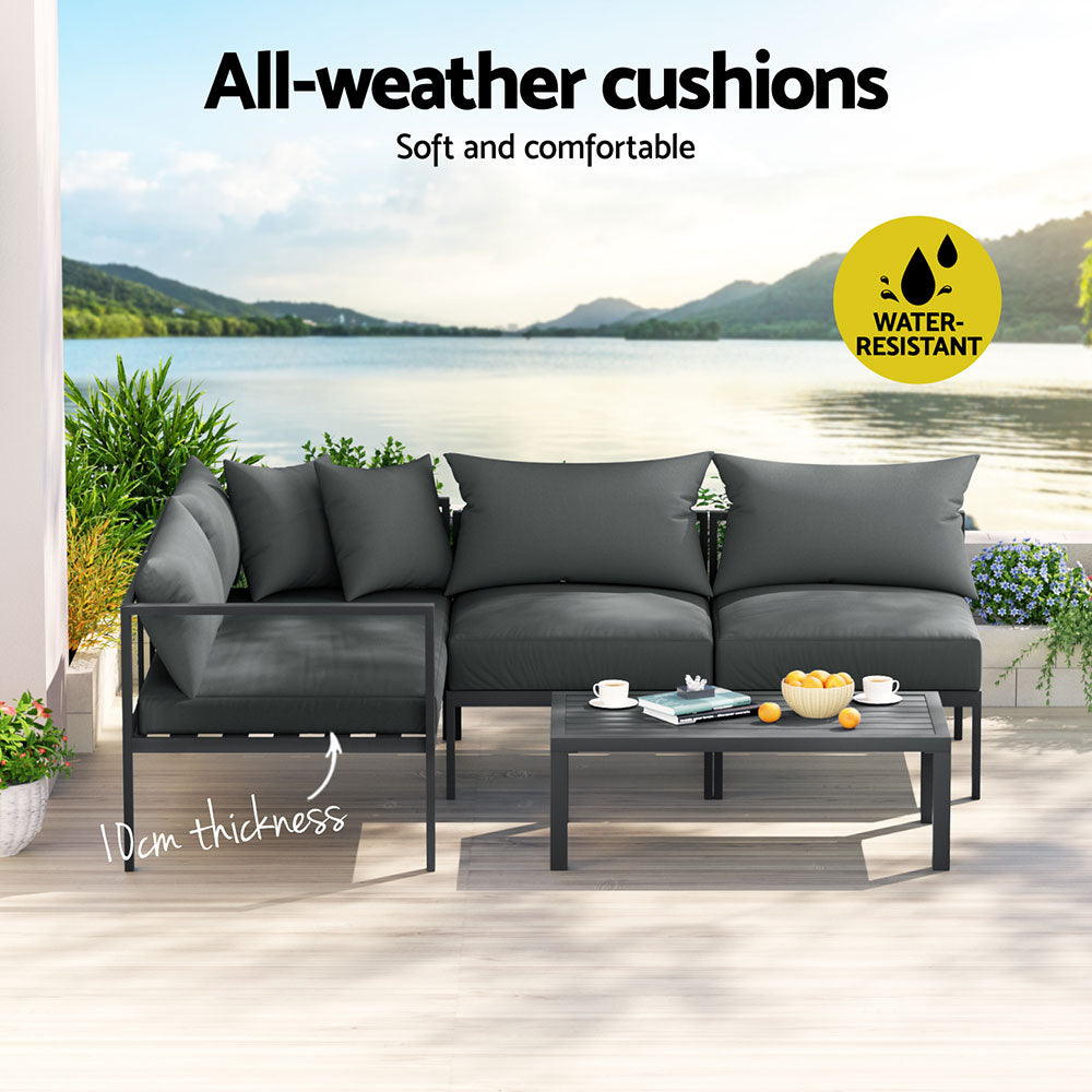 P&F ZennHome 4 Seater Outdoor Sofa Set Aluminium Patio Furniture Setting 4PC Charcoal