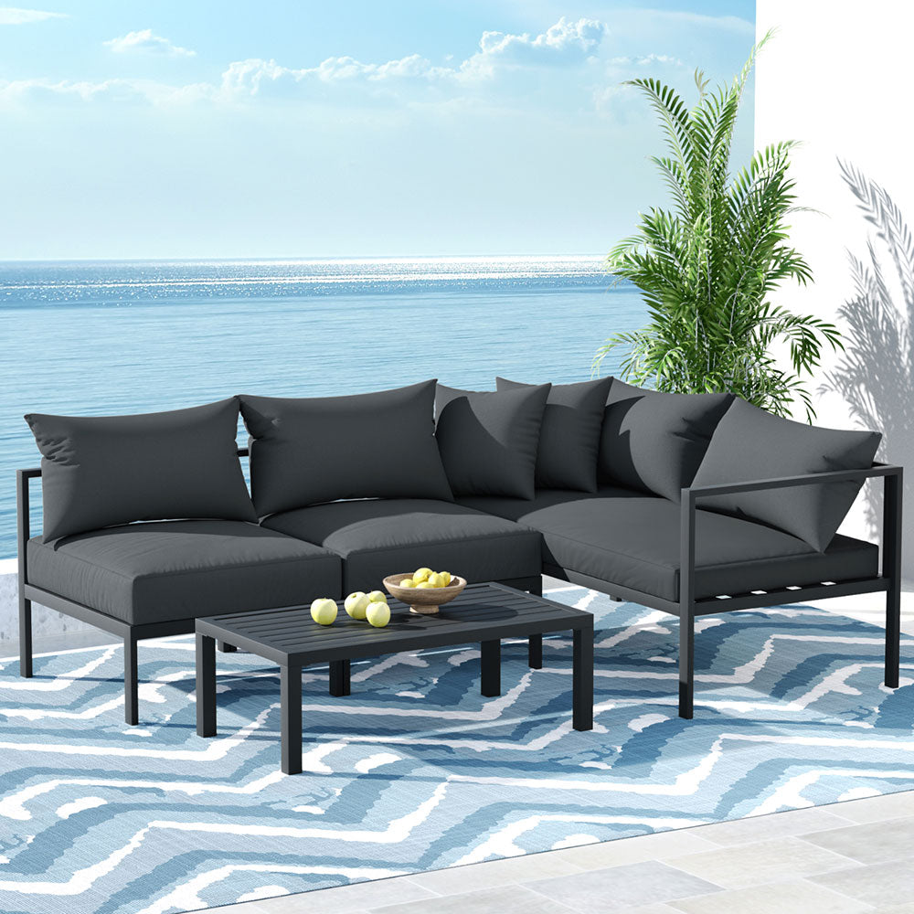 P&F ZennHome 4 Seater Outdoor Sofa Set Aluminium Patio Furniture Setting 4PC Charcoal