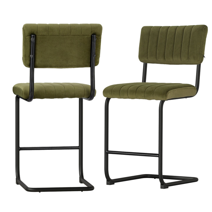 P&F ZennHome 2x Bar Stools Velvet Chairs Green