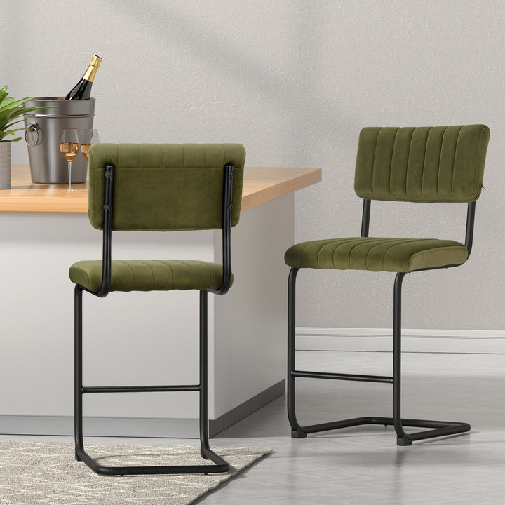 P&F ZennHome 2x Bar Stools Velvet Chairs Green