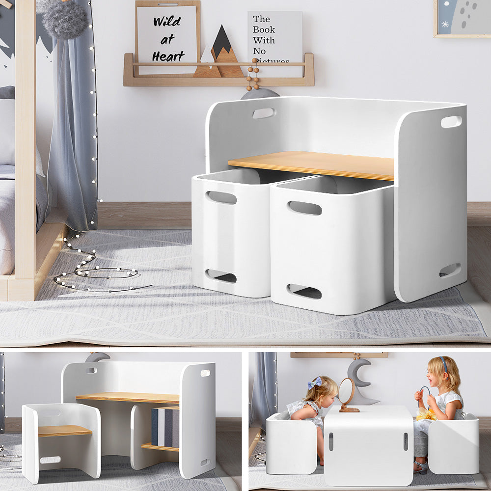 P&F KidZee 3PCS Kids Table and Chairs Set Multifunctional Storage Desk White