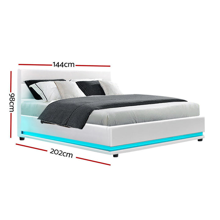 P&F SkyWay Bed Frame Double Size LED Gas Lift White Cyber