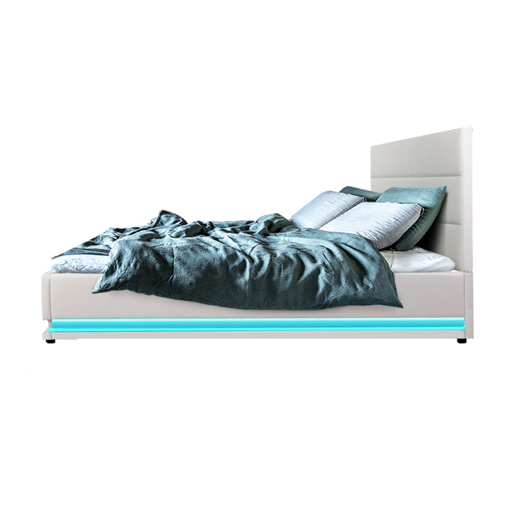 P&F SkyWay Bed Frame Double Size LED Gas Lift White Cyber