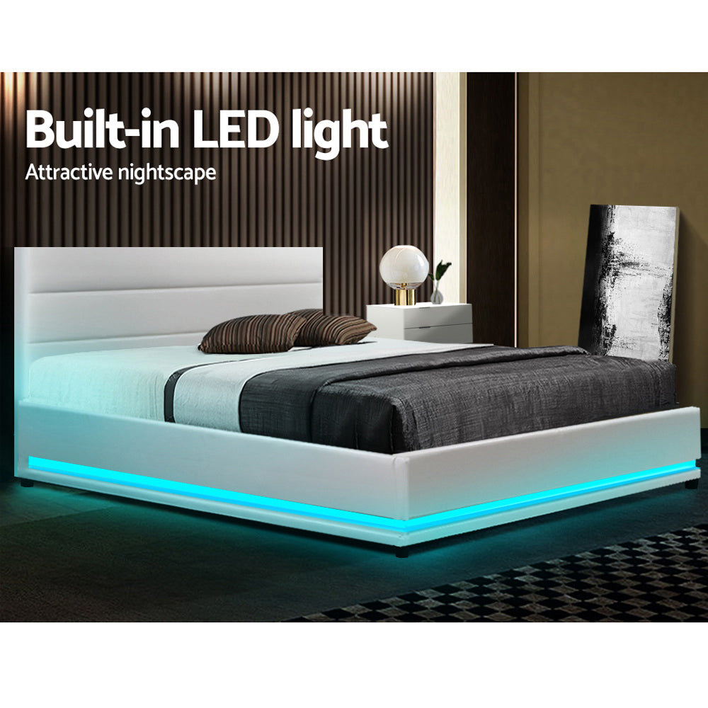 P&F SkyWay Bed Frame Double Size LED Gas Lift White Cyber