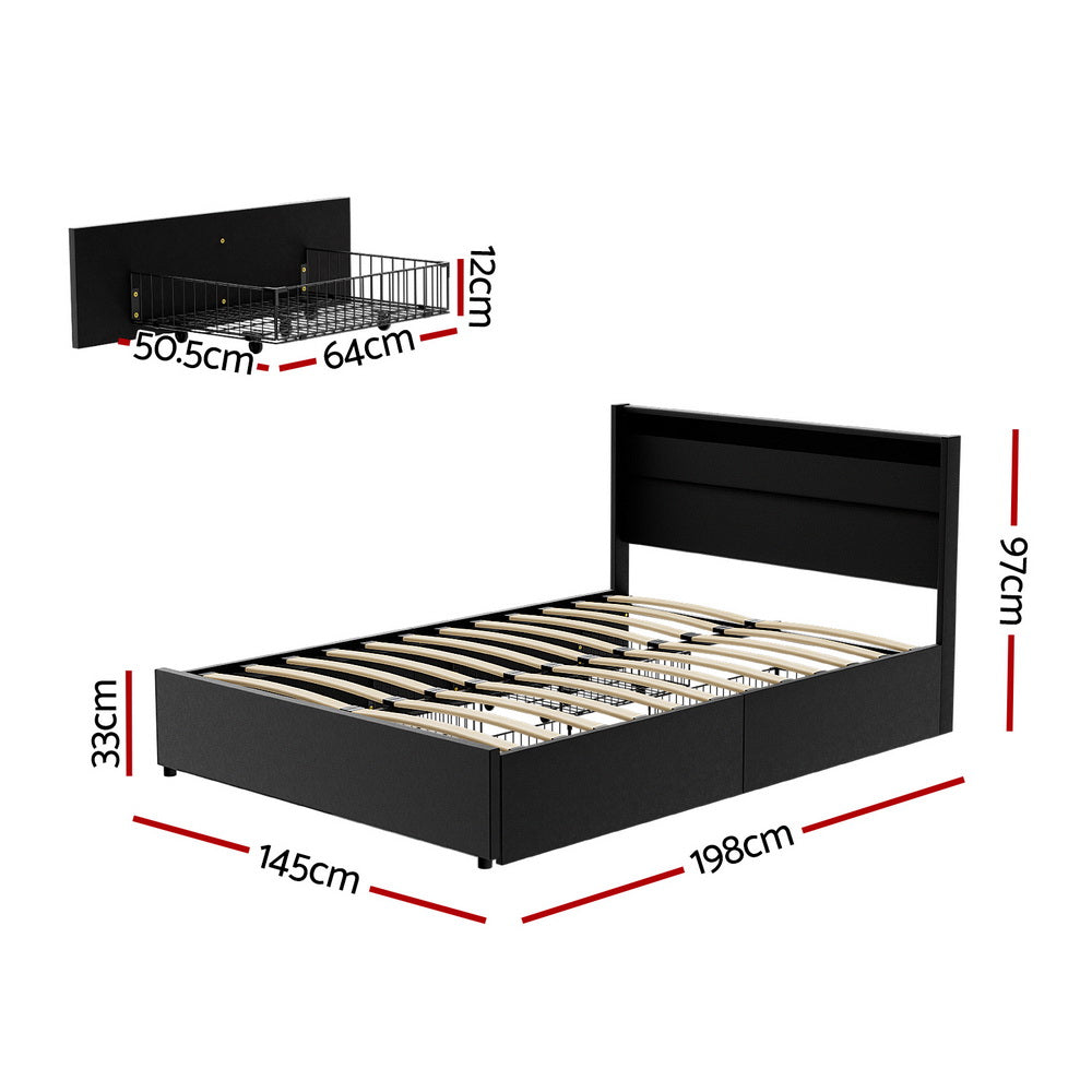 P&F SkyWay Artiss Bed Frame Double Size LED with 4 Drawers Black DUNN