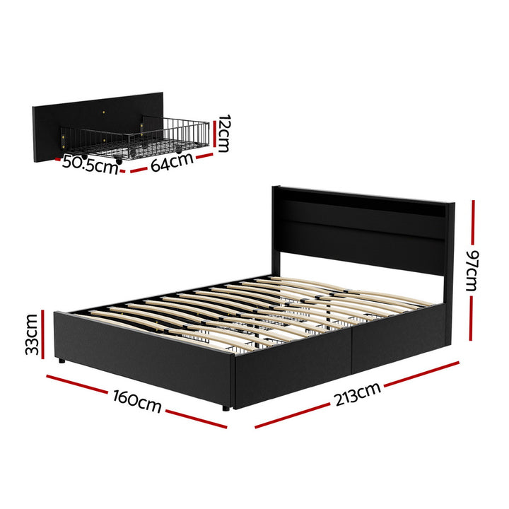 P&F SkyWay Artiss Bed Frame Queen Size LED with 4 Drawers Black DUNN