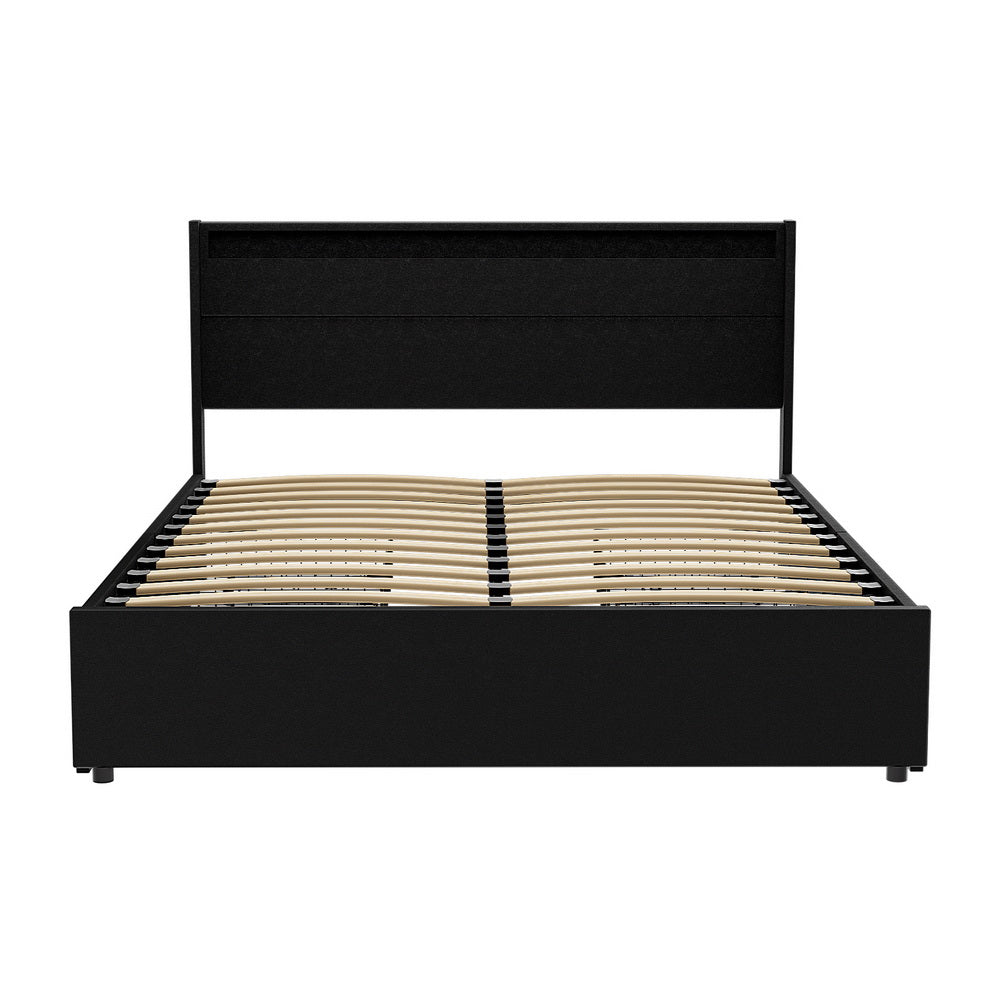 P&F SkyWay Artiss Bed Frame Queen Size LED with 4 Drawers Black DUNN