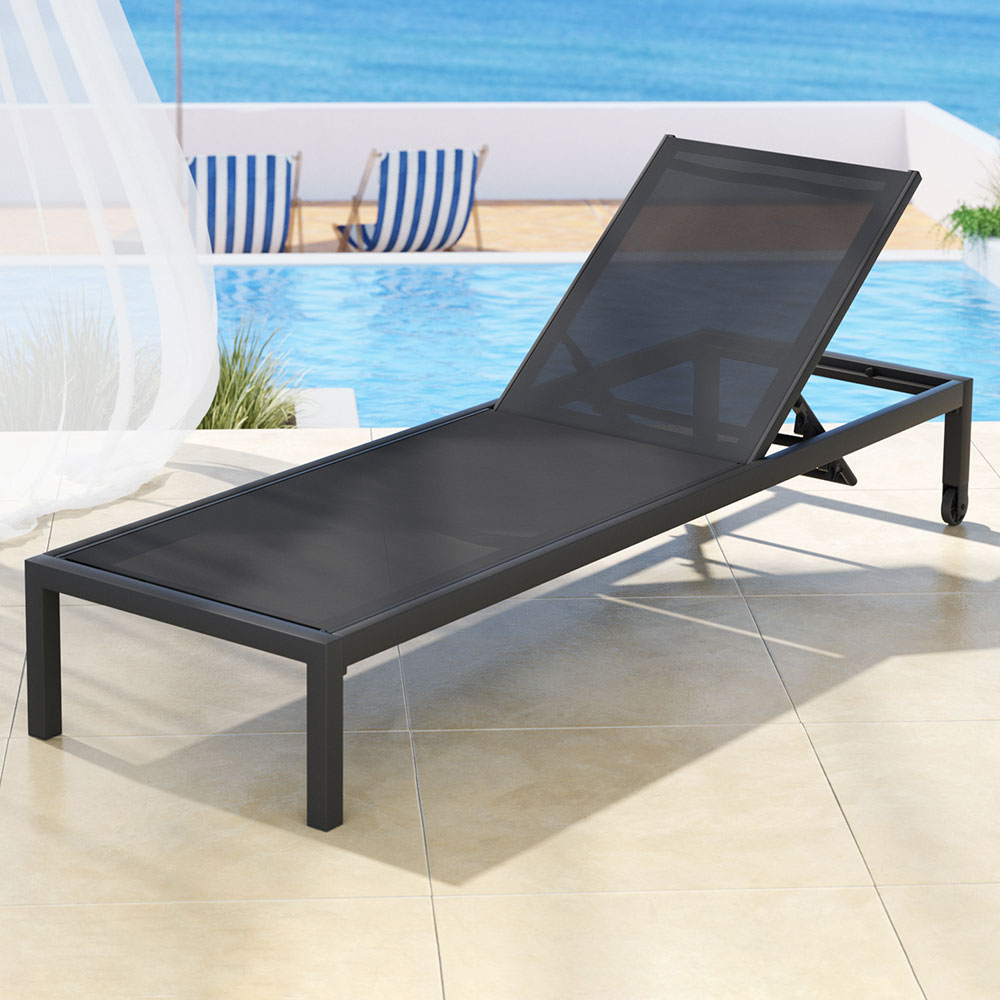 P&F ZennHome Sun Lounge Outdoor Lounger Aluminium Folding Beach Chair Wheels Black