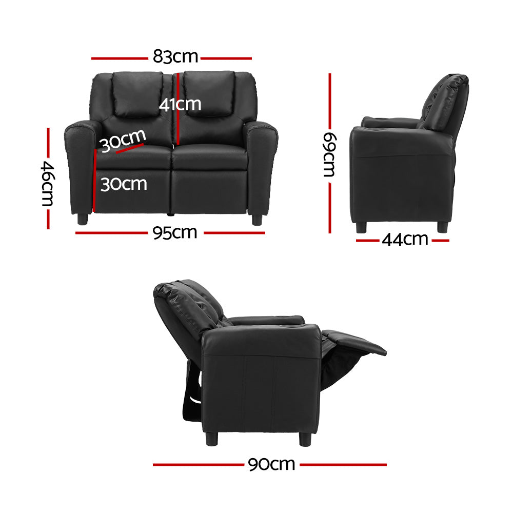 P&F KidZee Kids Recliner Chair Double PU Leather Sofa Lounge Couch Armchair Black