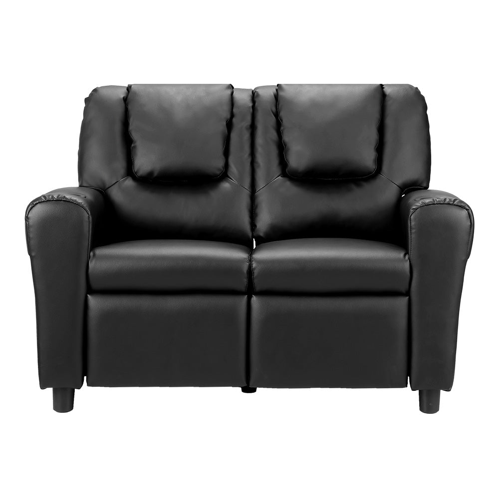 P&F KidZee Kids Recliner Chair Double PU Leather Sofa Lounge Couch Armchair Black