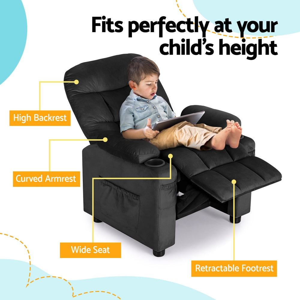 P&F KidZee Kids Recliner Chair Black Velvet Sofa Lounge Couch Children Charis Armchair