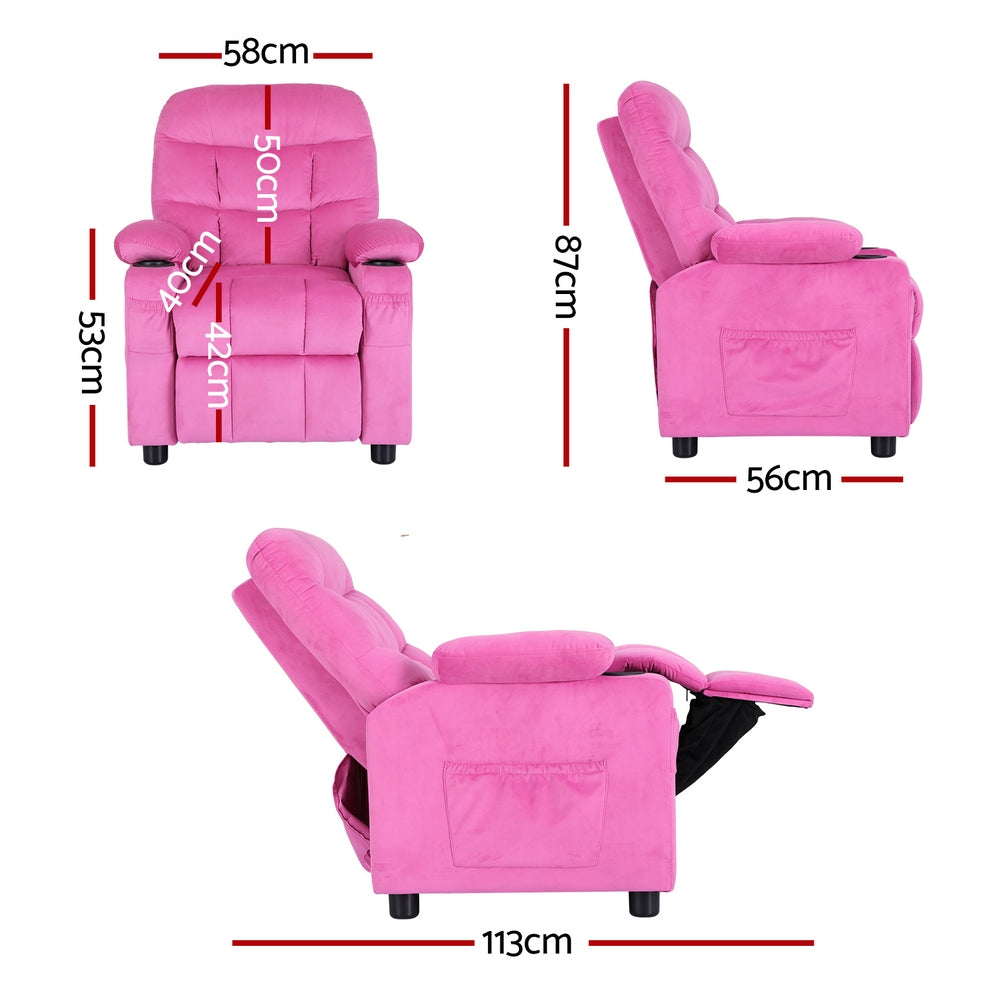 P&F KidZee Kids Recliner Chair Pink Velvet Sofa Lounge Couch Children Charis Armchair