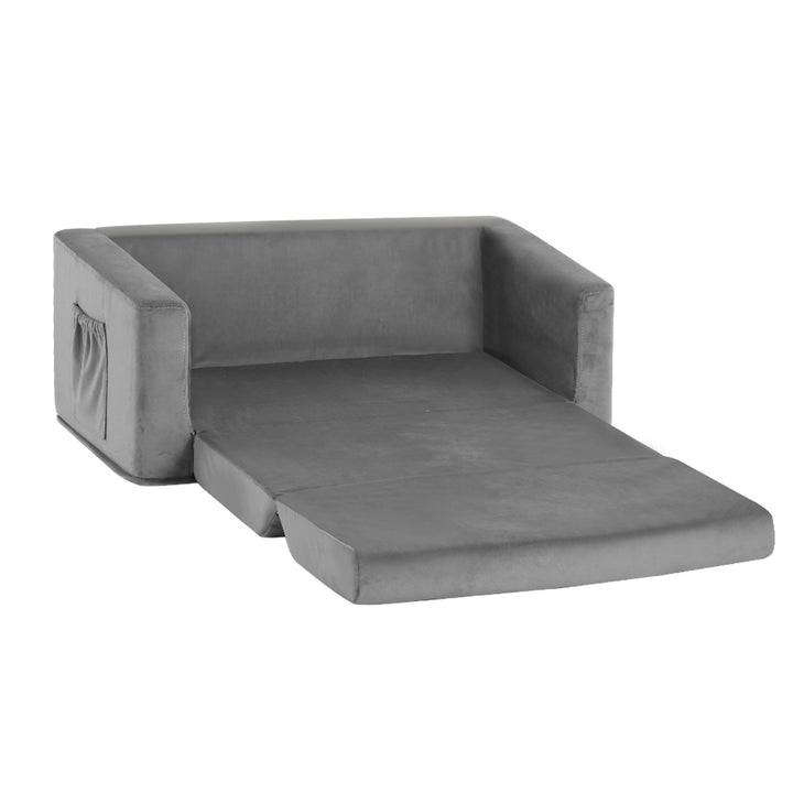 P&F KidZee Kids Sofa 2 Seater Children Flip Open Couch Velvet Armchair Grey