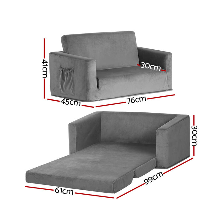 P&F KidZee Kids Sofa 2 Seater Children Flip Open Couch Velvet Armchair Grey