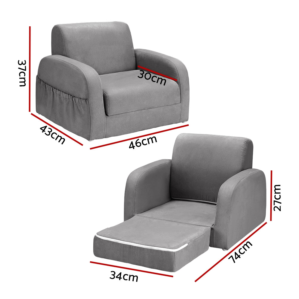 P&F KidZee Kids Sofa 2 Seater Children Flip Open Couch Lounger Armchair Soft Grey