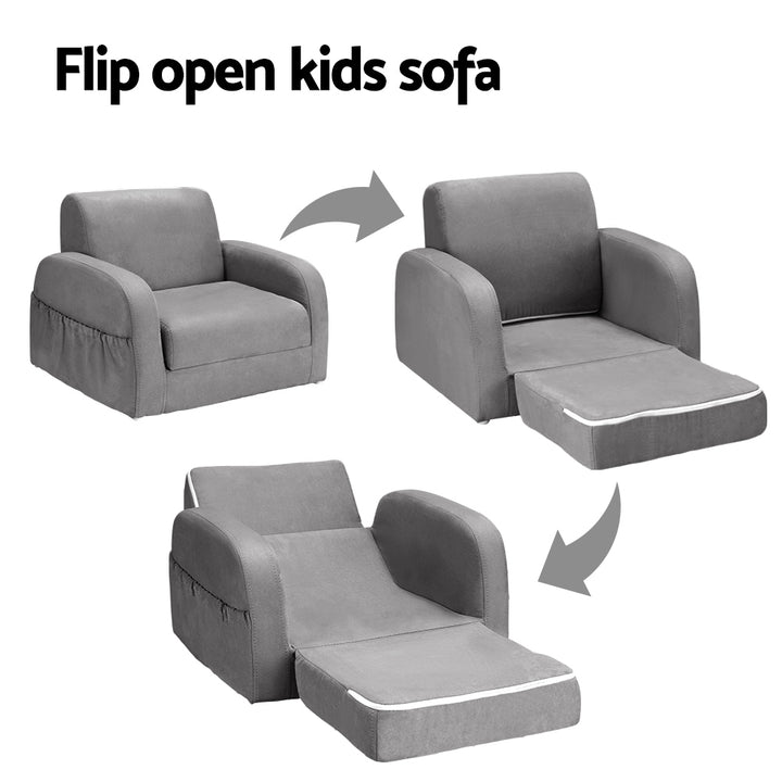 P&F KidZee Kids Sofa 2 Seater Children Flip Open Couch Lounger Armchair Soft Grey