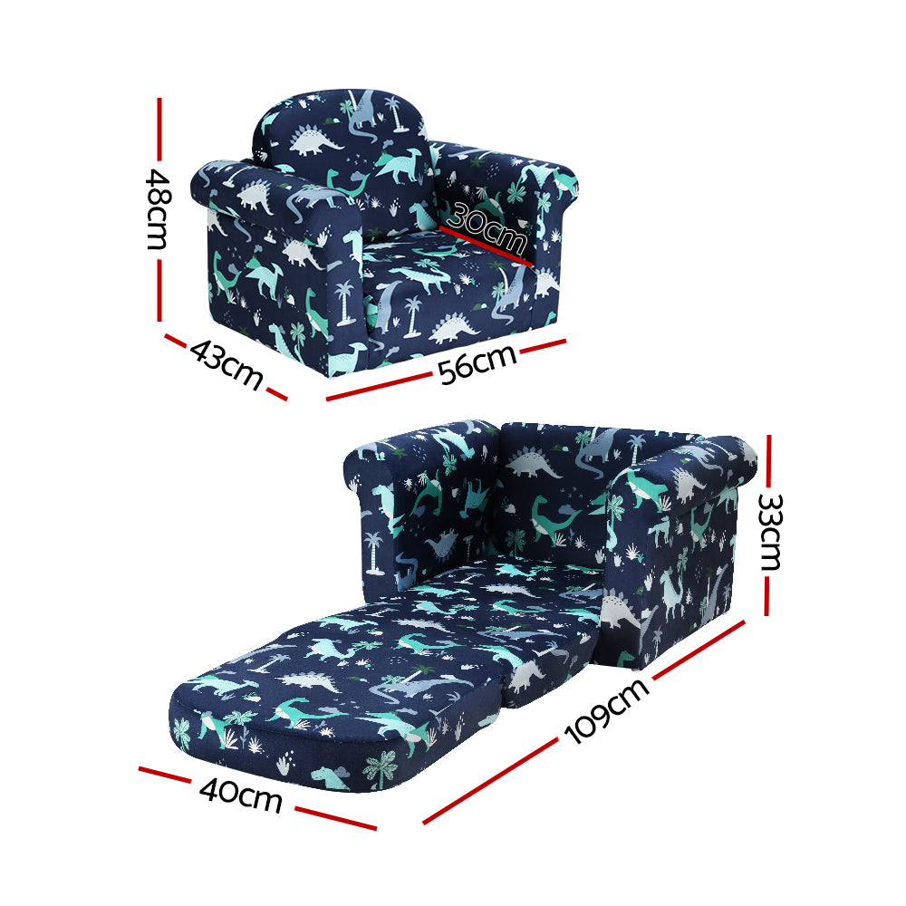 P&F KidZee Kids Sofa 2 Seater Children Flip Open Couch Lounger Armchair Dinosaur Navy