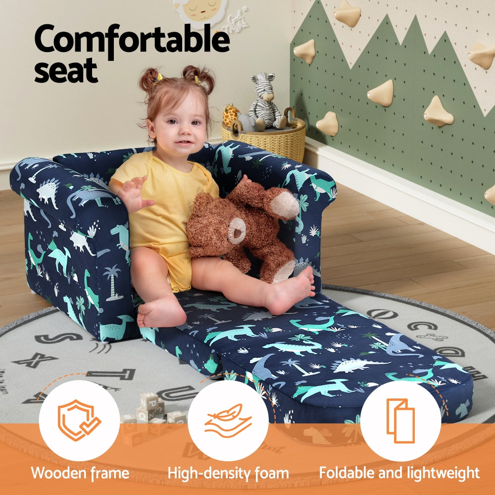 P&F KidZee Kids Sofa 2 Seater Children Flip Open Couch Lounger Armchair Dinosaur Navy