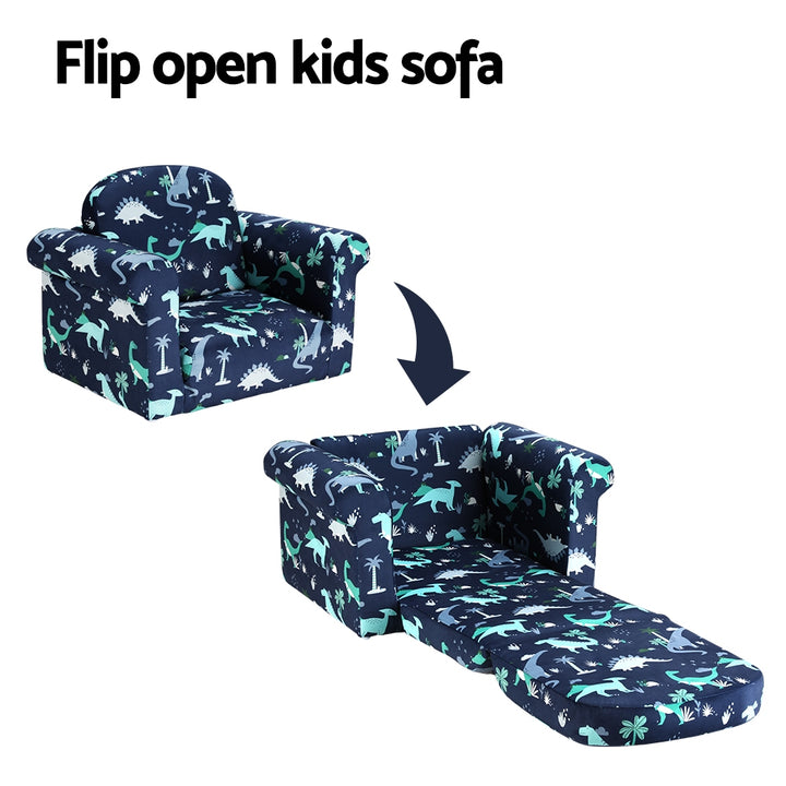 P&F KidZee Kids Sofa 2 Seater Children Flip Open Couch Lounger Armchair Dinosaur Navy