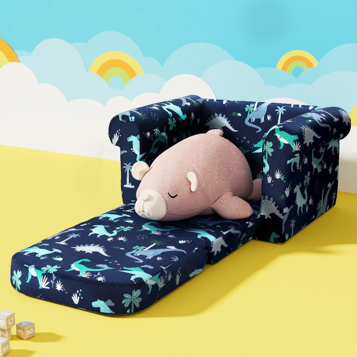 P&F KidZee Kids Sofa 2 Seater Children Flip Open Couch Lounger Armchair Dinosaur Navy