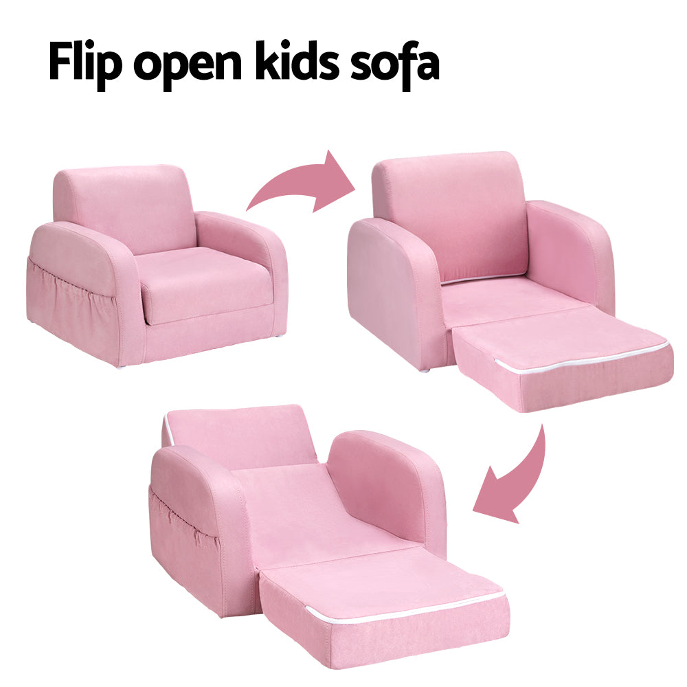 P&F KidZee Kids Sofa 2 Seater Children Flip Open Couch Lounger Armchair Soft Pink