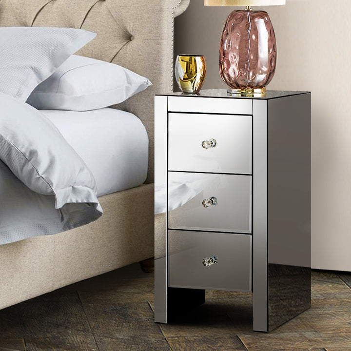 P&F SkyWay Bedside Table 3 Drawers Mirrored Glass - QUENN Grey