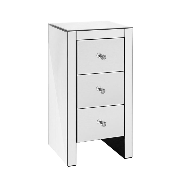 P&F SkyWay Bedside Table 3 Drawers Mirrored - QUENN Silver