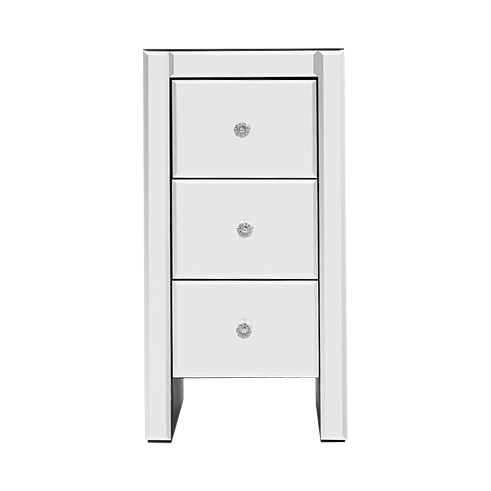 P&F SkyWay Bedside Table 3 Drawers Mirrored - QUENN Silver