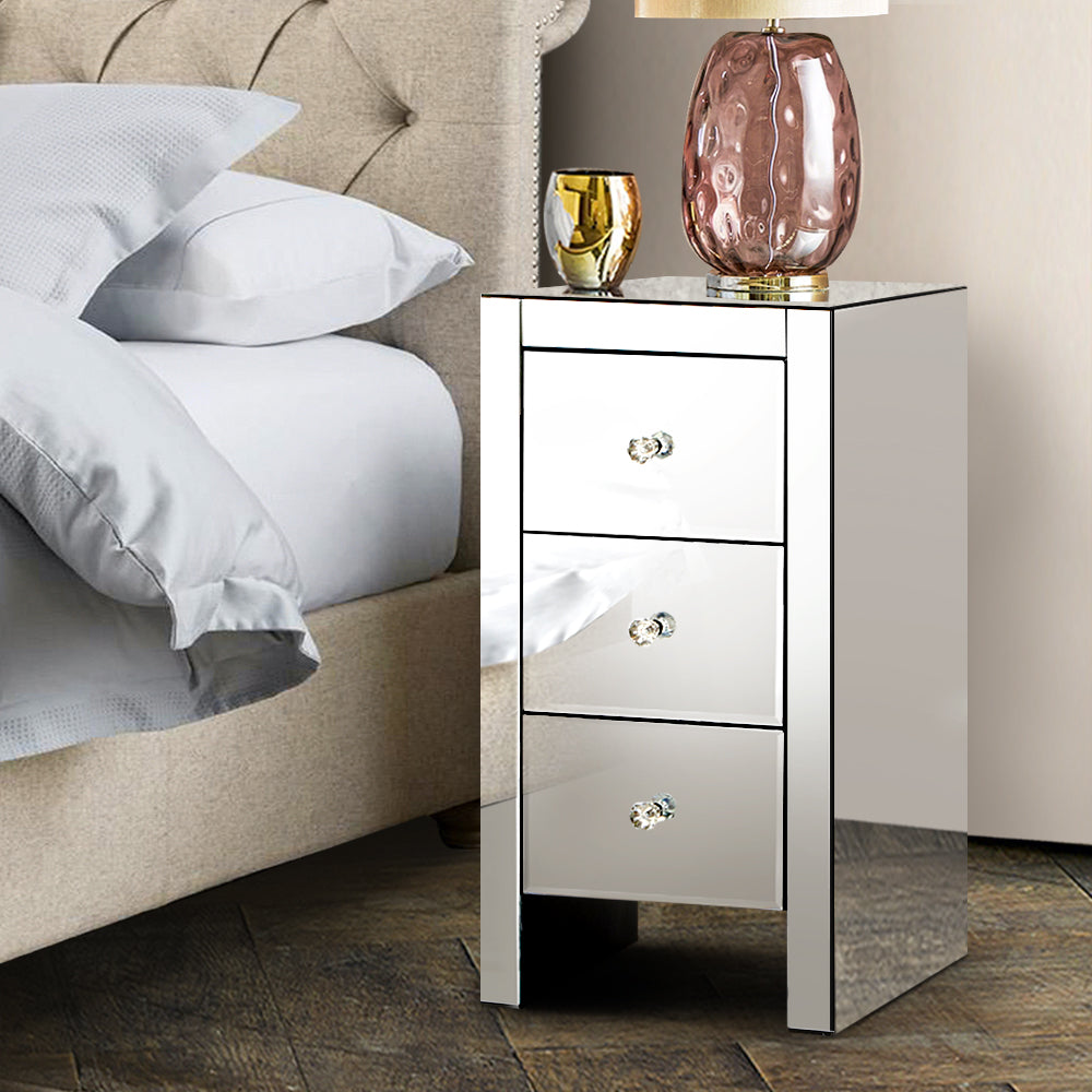 P&F SkyWay Bedside Table 3 Drawers Mirrored - QUENN Silver