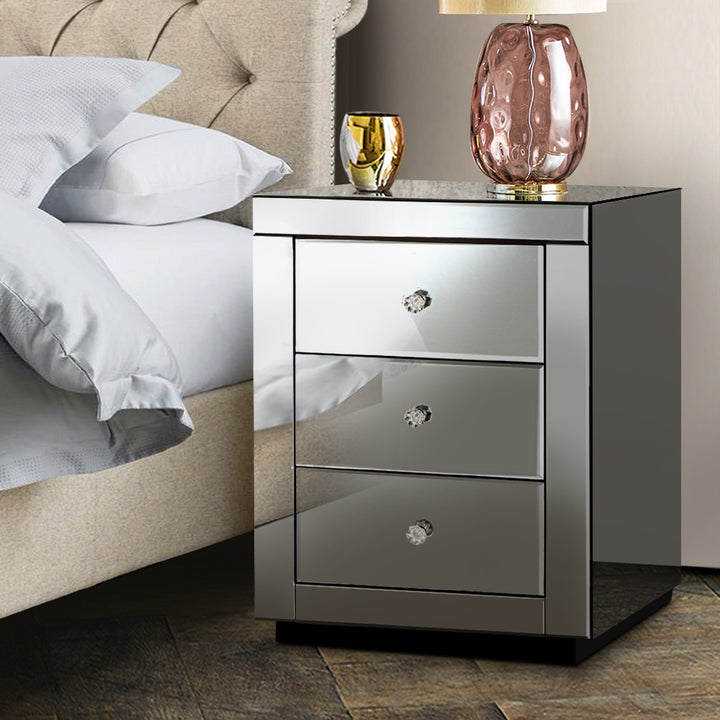 P&F ZennHome Bedside Table 3 Drawers Mirrored - Precious Grey