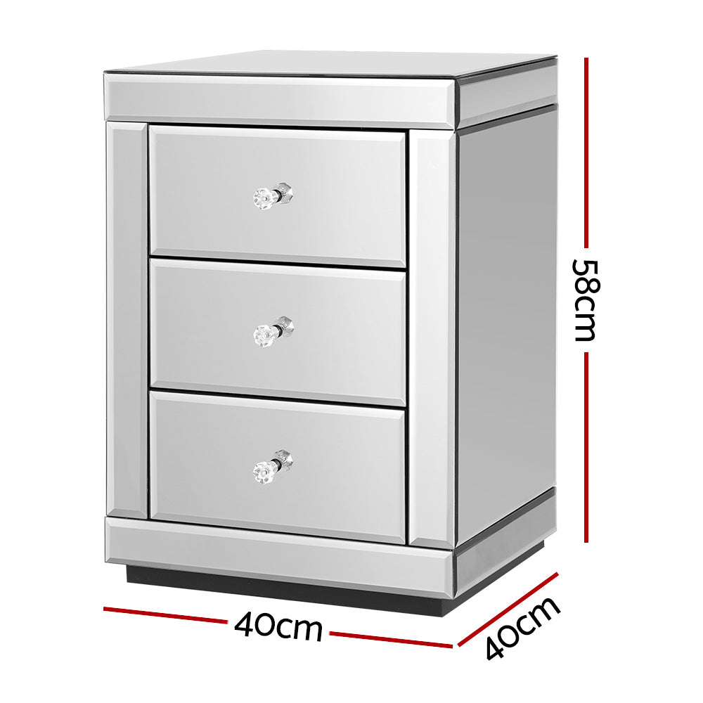 P&F ZennHome Bedside Table 3 Drawers Mirrored - Precious Silver