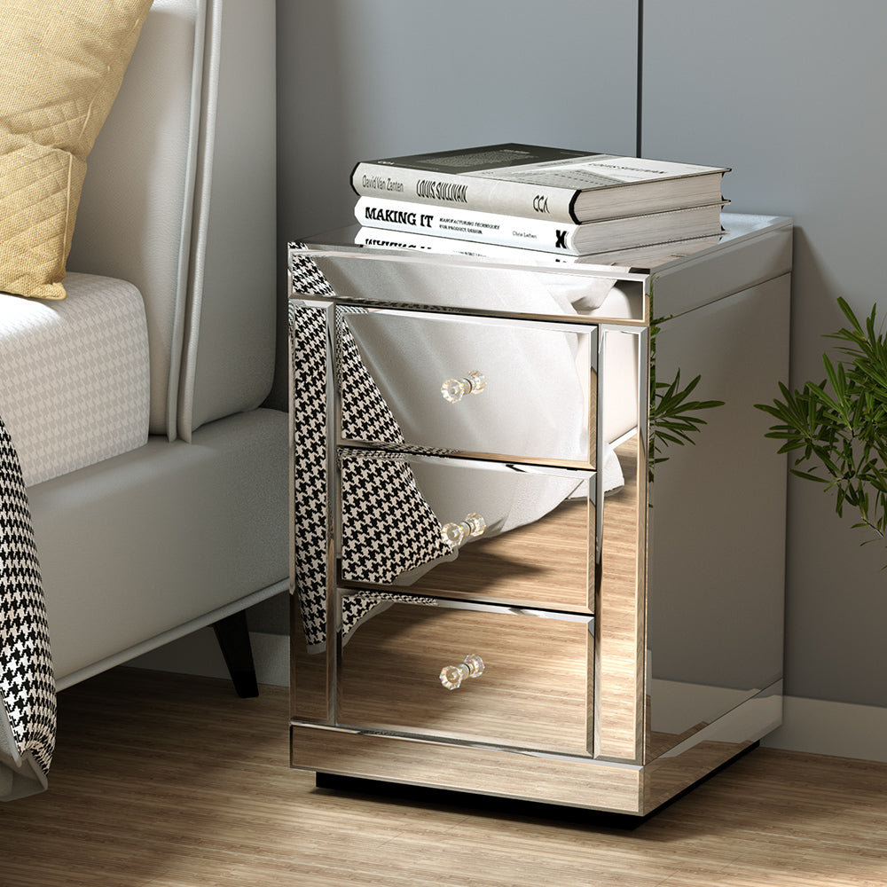 P&F ZennHome Bedside Table 3 Drawers Mirrored - Precious Silver