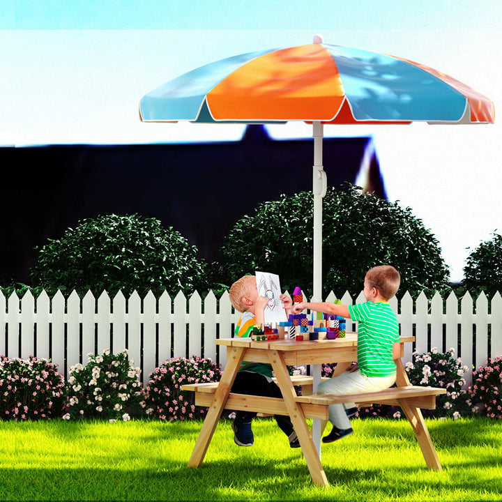 P&F KidZee Kids Outdoor Table and Chairs Picnic Bench Umbrella Set Water Sand Pit Box