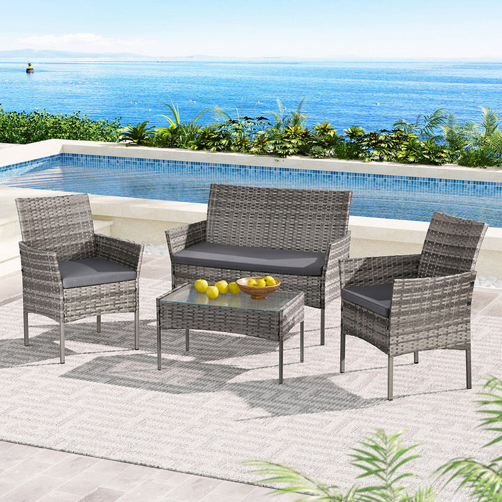 P&F ZennHome 4 Seater Outdoor Sofa Set Wicker Setting Table Chair Furniture Grey