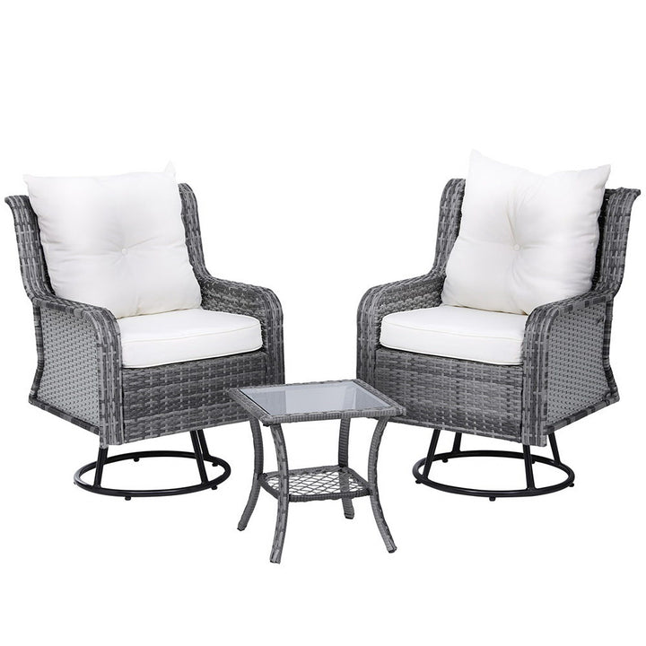 P&F ZennHome 3PC Outdoor Furniture Bistro Set Lounge Wicker Swivel Chairs Table Cushion Grey