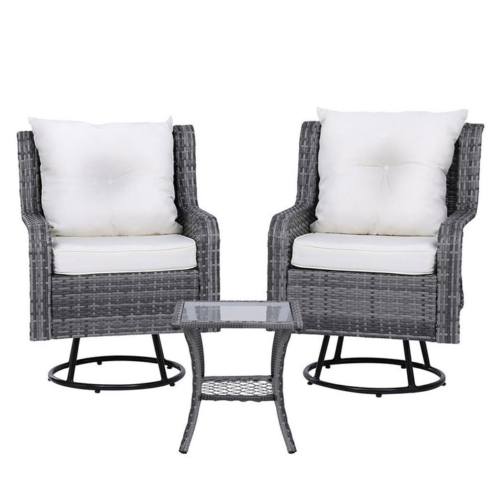 P&F ZennHome 3PC Outdoor Furniture Bistro Set Lounge Wicker Swivel Chairs Table Cushion Grey