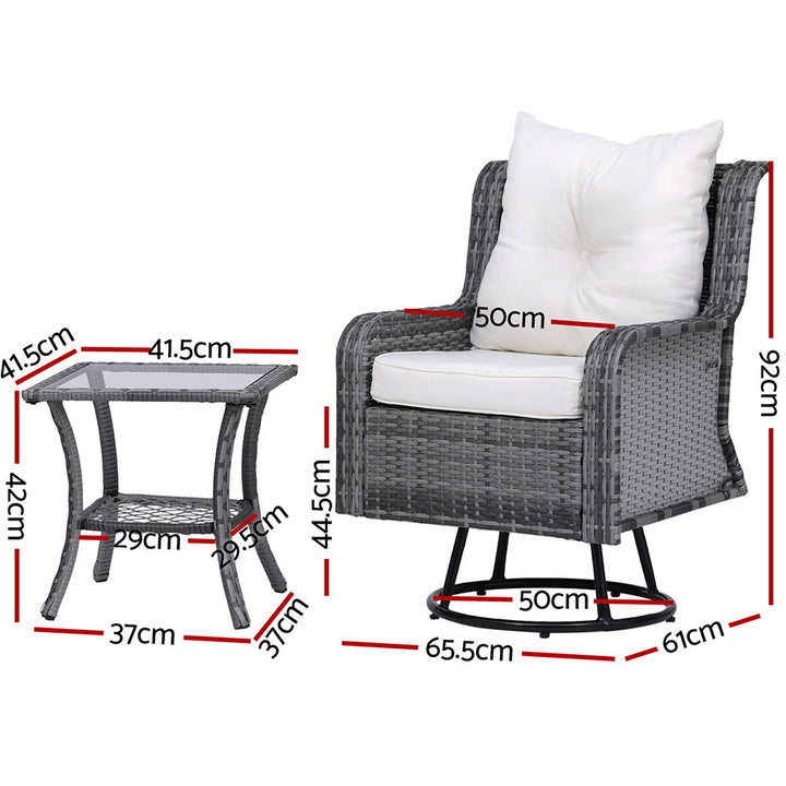 P&F ZennHome 3PC Outdoor Furniture Bistro Set Lounge Wicker Swivel Chairs Table Cushion Grey