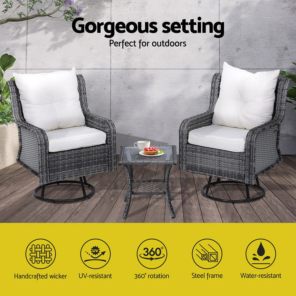 P&F ZennHome 3PC Outdoor Furniture Bistro Set Lounge Wicker Swivel Chairs Table Cushion Grey