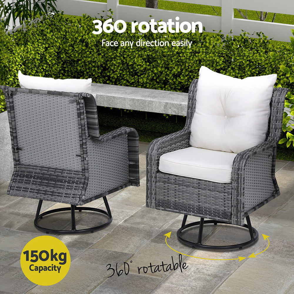 P&F ZennHome 3PC Outdoor Furniture Bistro Set Lounge Wicker Swivel Chairs Table Cushion Grey