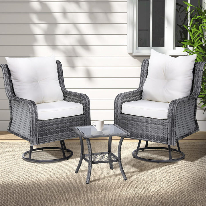 P&F ZennHome 3PC Outdoor Furniture Bistro Set Lounge Wicker Swivel Chairs Table Cushion Grey