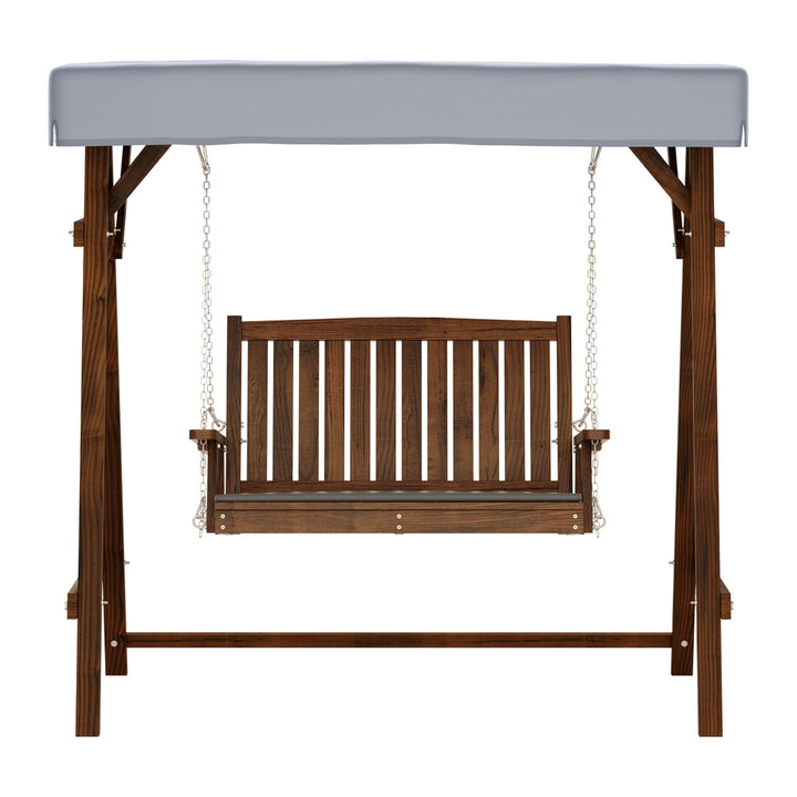 P&F ZennHome Outdoor Wooden Swing Chair Garden Bench Canopy Cushion 2 Seater Charcoal