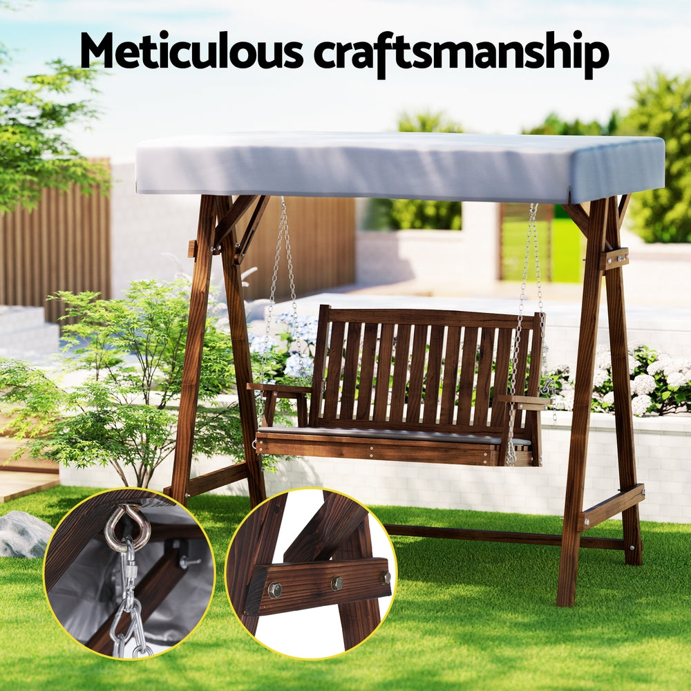 P&F ZennHome Outdoor Wooden Swing Chair Garden Bench Canopy Cushion 2 Seater Charcoal