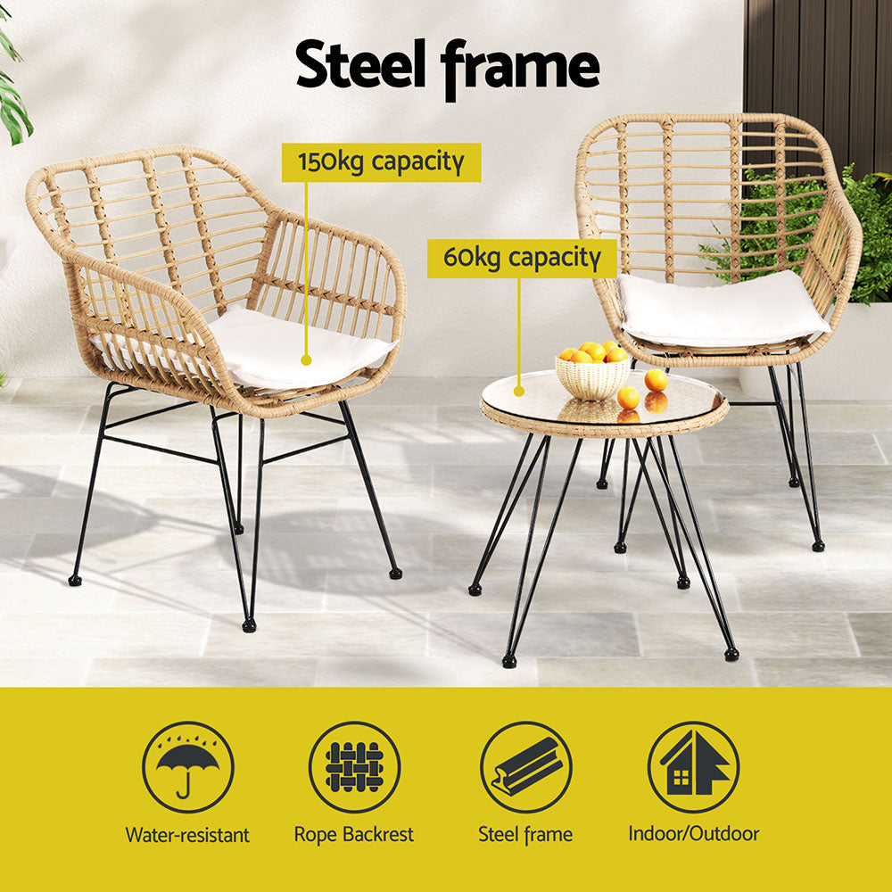 P&F ZennHome 3PC Outdoor Furniture Bistro Set Lounge Setting Table Chairs Cushion Patio Grey