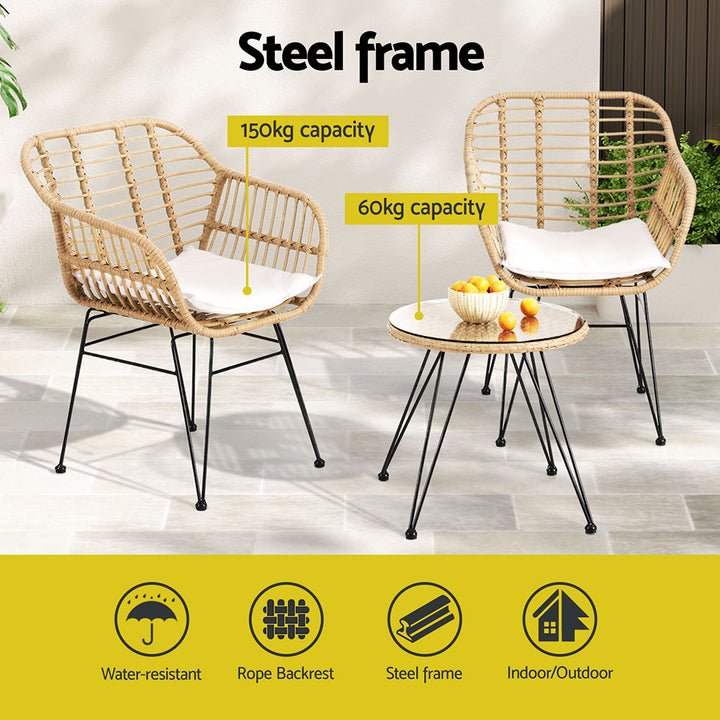 P&F ZennHome 3PC Outdoor Furniture Bistro Set Lounge Setting Table Chairs Cushion Patio Grey