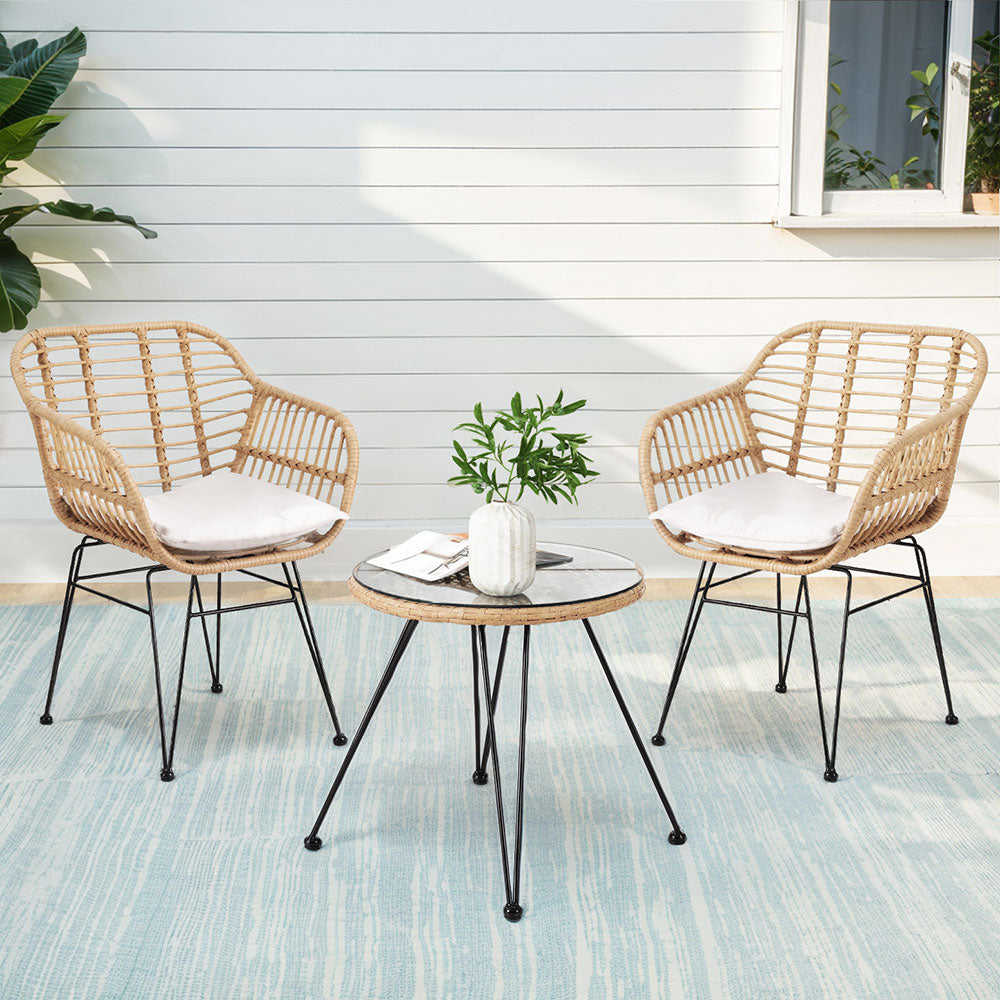 P&F ZennHome 3PC Outdoor Furniture Bistro Set Lounge Setting Table Chairs Cushion Patio Grey