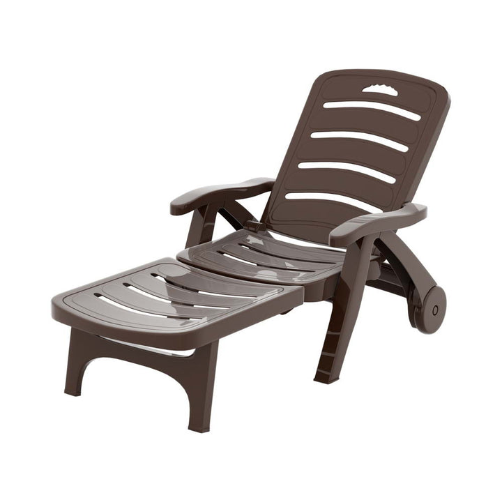 P&F ZennHome Sun Lounger Folding Lounge Chair Wheels Patio Outdoor Furniture Brown