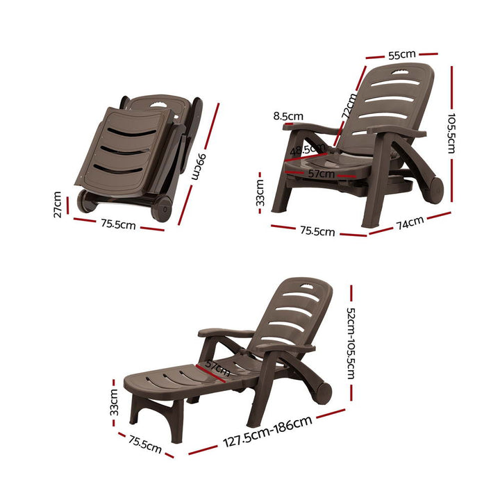 P&F ZennHome Sun Lounger Folding Lounge Chair Wheels Patio Outdoor Furniture Brown